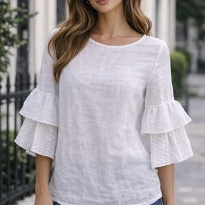 Via Signoria ChicWhite Linen Blouse with Ruffle Sleeves – Size S | Made in Italy